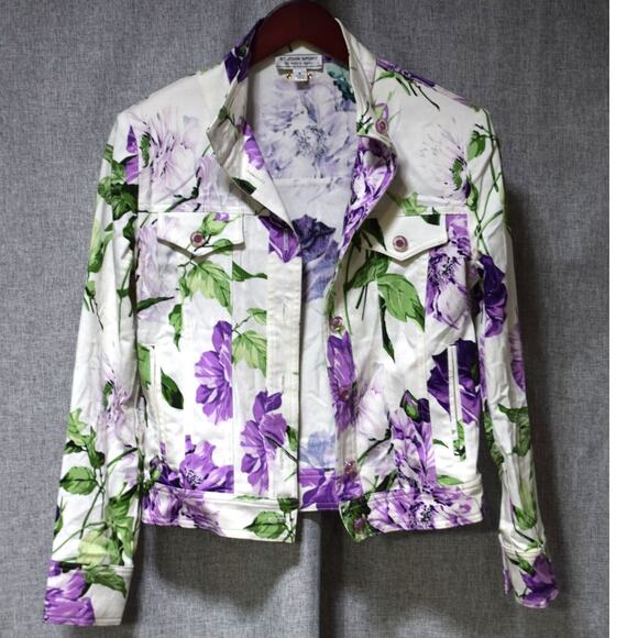 St. John Sport by Marie Gray Petite Floral Denim Jacket White Purple Green - Picture 1 of 4